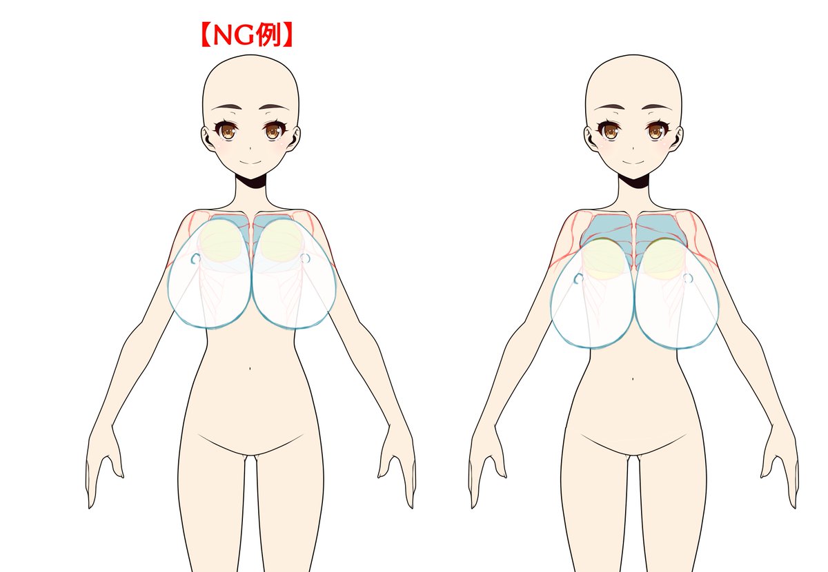 ダテナオト イラスト解体新書 ２４刷 好評発売中 たまに左の様な 鎖骨のすぐ下に胸を描く 描き方をする方いらっしゃるんですが本来は右が正解だったりします もちろんこれを分かっている上手い方は左のバランスでもおかしく見えない様に描いて