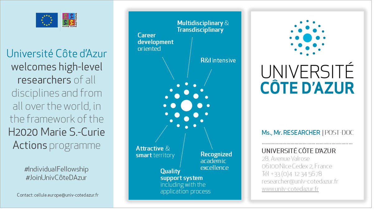 Université Côte d'Azur is looking for bright early career researchers who want to apply for Marie S.-Curie Individual Fellowships. Attractive research environment &amp; support with the application! #IndividualFellowship #JoinUnivCôteDAzur #research @uca_research Please circulate!🇪🇺