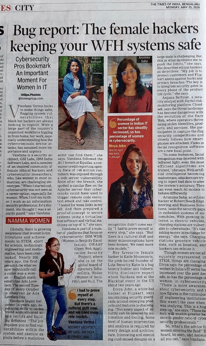 Glad to share today’s Times of India 🇮🇳 Article.  I shared my views with the wonderful ladies Anjana, Divya and Arunima

#womenhackers #womenintech #womenincybersecurity  #cybersecurity #womeninstem #womeninsecurity #womenincyber @InfosecGirls @WoSECtweets timesofindia.indiatimes.com/city/bengaluru…