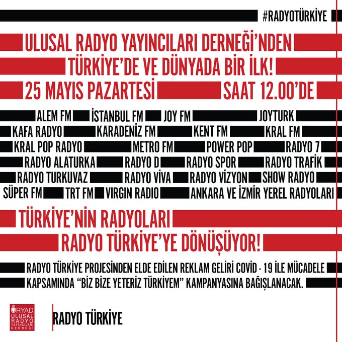 Türkiye’nin radyoları, Ulusal Radyo Yayıncıları Derneği çatısı altında bir ilke imzasını atıyor. Onlarca radyo kanalı, Türkiye’nin en ünlü radyo programcılarıyla birlikte 25 Mayıs saat 12.00’de #RadyoTürkiye’ye dönüşüyor.