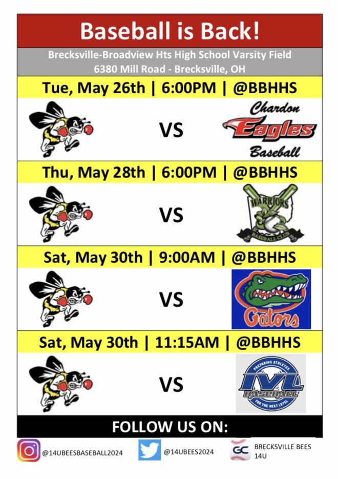 14UBees2024's tweet photo. Baseball is back!  4 home games for the 14u Brecskville Bees this week.  Come out and check us out! @Brecks_Baseball @oplbaseball @ugamancuso50 https://t.co/rdZ4nGERmI
