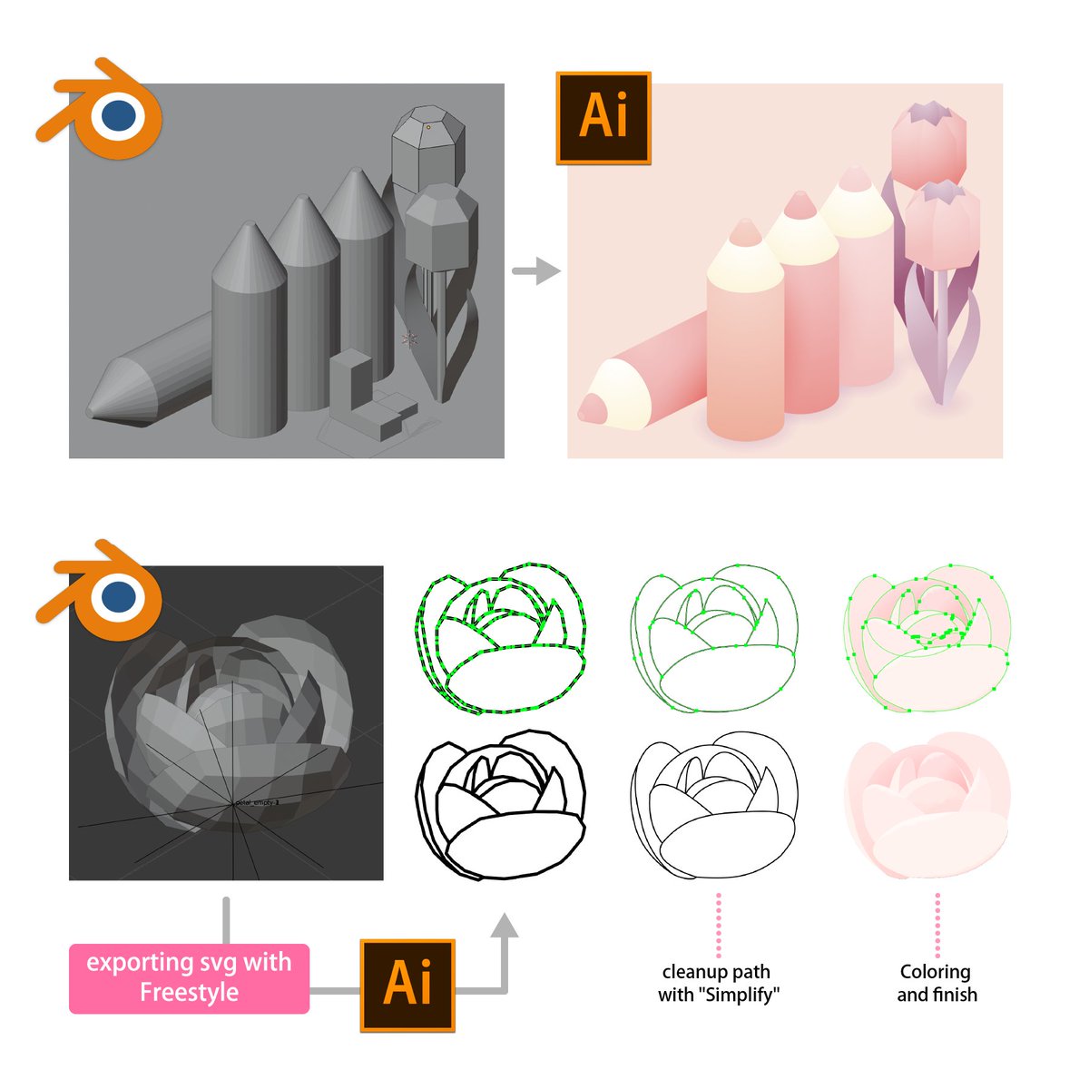 Hamko インスタには投稿したけどこっちには投げてなかったかしら Blenderでローポリモデル作ってsvg書き出して Illustratorでコネコネするのよ たのしいよ