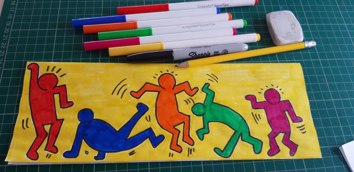 Here is my final picture. Don't forget to add the movement lines for that Keith Haring effect. Have a go and please share your work on here, I'd live to see it. I'll have more Keith Haring activitiesfor you to try through the week. Enjoy.