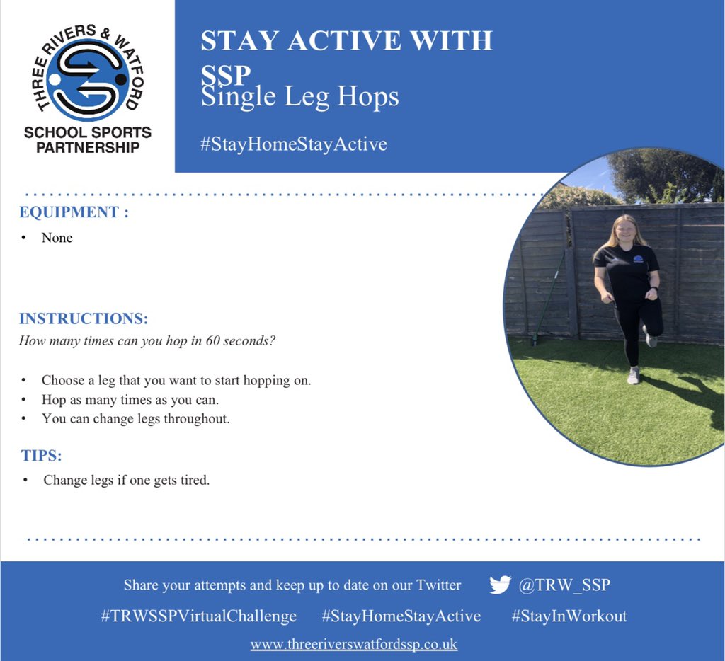 TRW_SSP's tweet photo. The tenth virtual challenge is here!
🤩
How many Single leg hops can you do in 60 seconds?
Remember to tweet us your attempts using #TRWSSPVirtualChallenge and tag us (@TRW_SSP ) Visit our website for more information! Good luck 😁
#stayhomestayactive #StayInWorkOut https://t.co/JPCpiNU18S