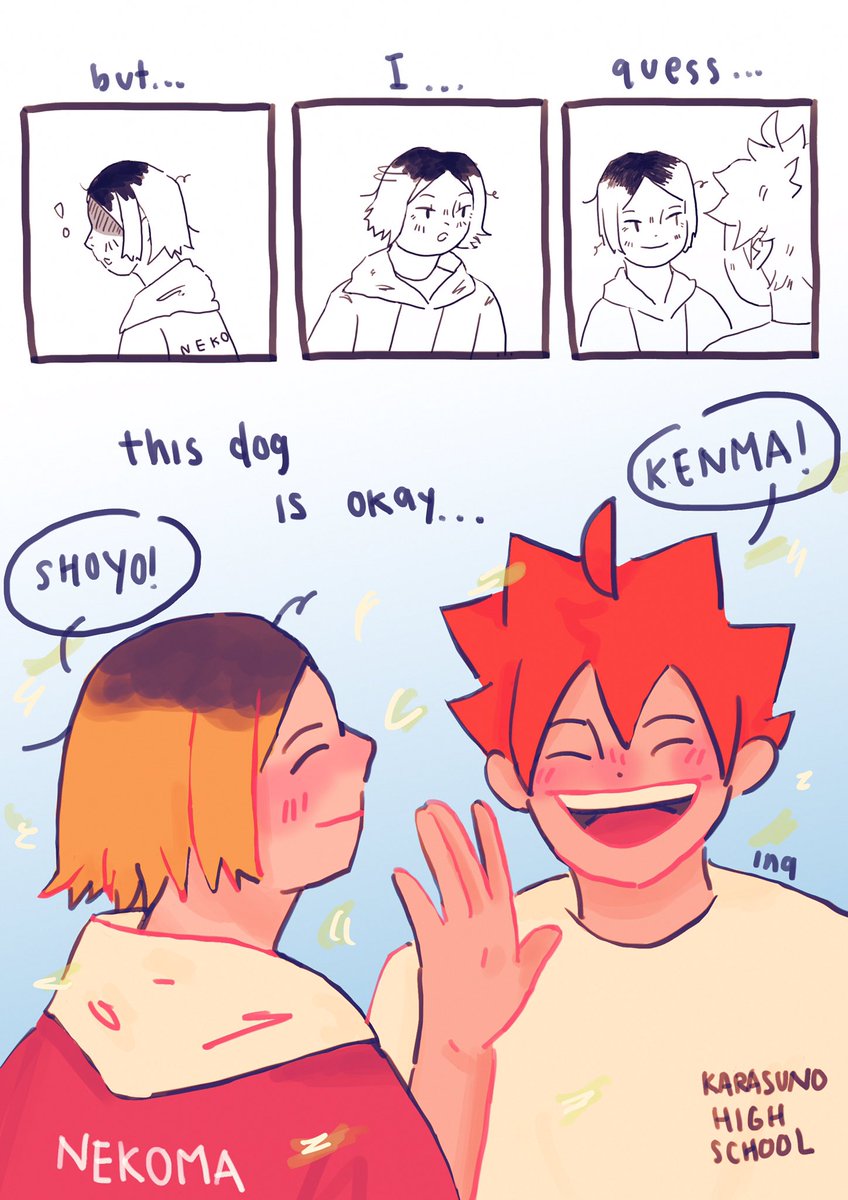 heres a kenhina cat and dog (??) au idk what i was thinking while drawing this lmao ?#haikyuu #hq #kenma #hinata #hinatashoyo #kozumekenma 