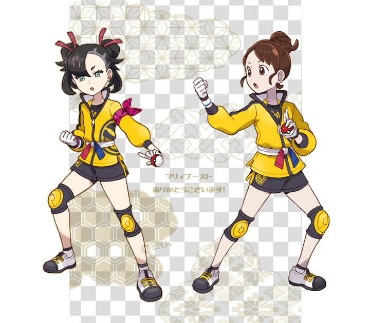 gloria (pokemon) ,marnie (pokemon) 2girls multiple girls holding brown hair gloves yellow jacket knee pads  illustration images