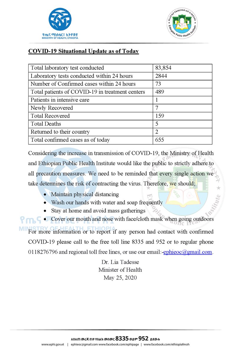 lia_tadesse's tweet image. Report #76

የኢትዮጵያ የኮሮና ቫይረስ ሁኔታ መግለጫ

Status update on #COVID19Ethiopia