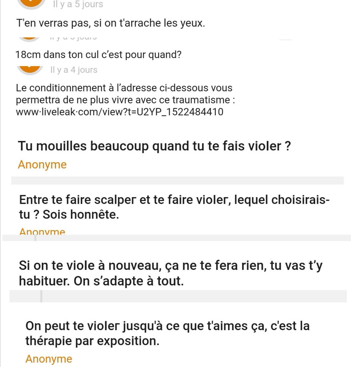  #ccabuse Y a pas tout. Ma crise est à 95% sa faute. Il se délecte de traumas en espérant un suicide. On n'a pas à être réduite au silence, à la fuite. On a le droit aux réseaux. Ce qu'il fait est illégal, meurtrier. Je pige pas l'inaction de  @PoliceNationale et  @CuriousCatMe  https://twitter.com/Pumpkage/status/1264826806697447426