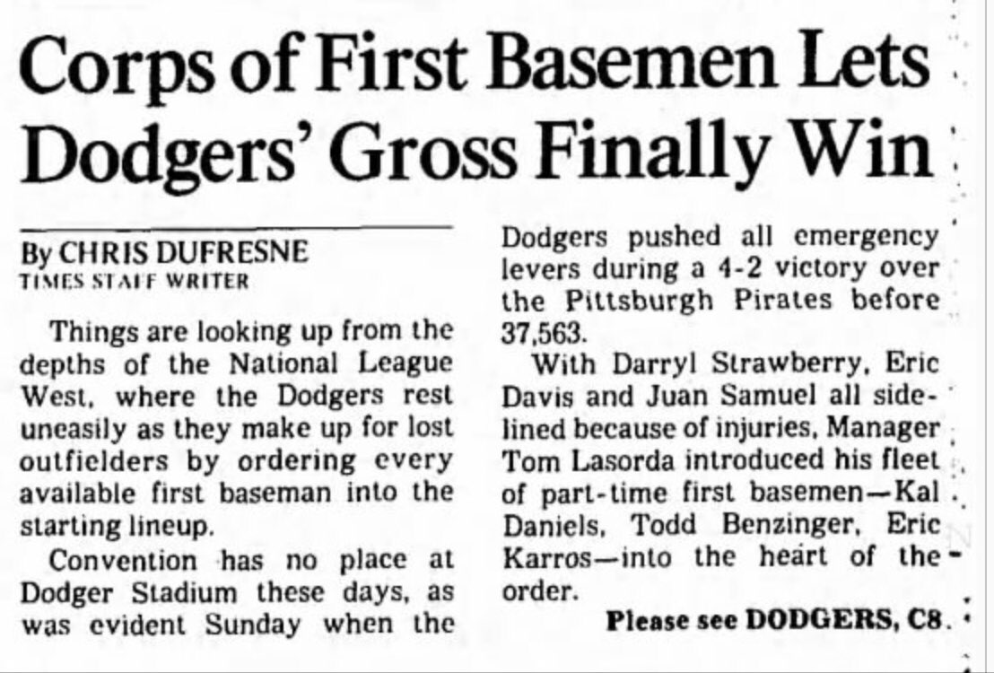 #Pirates lost yesterday to #Dodgers 4-2 in LA. After the game OF/1B Gary Redus was placed on the 15-day DL retroactive to 5/21 w/a strained left hamstring. OF Dave Clark was purchased from AAA Buffalo to take the roster spot. Clark’s a vet of 307 MLB games w/CLE, CHC, KC. https://t.co/bgfJnj50l6