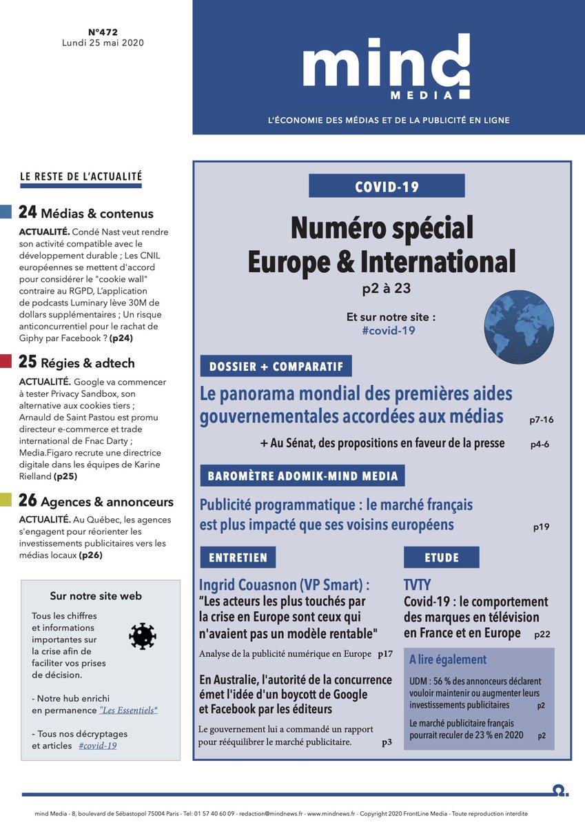 mind Media (@_mind) on Twitter photo Au sommaire de <a href="/_mind/">mind Media</a> Media 472 mindnews.fr/letter/472 un cahier spécial #COVIDー19 Europe et international avec un panorama mondial des aides aux médias et <a href="/SmartAdServerFR/">Smart (FR) is now Equativ</a> <a href="/adomik1/">adomik</a> <a href="/_tvty/">TVTY</a> <a href="/Senat/">Sénat</a> <a href="/LaugierMichel/">Michel LAUGIER</a> <a href="/acccgovau/">ACCC</a> <a href="/A2C_Quebec/">C.J. Wilson</a> Au sommaire de <a href="/_mind/">mind Media</a> Media 472 mindnews.fr/letter/472 un cahier spécial #COVIDー19 Europe et international avec un panorama mondial des aides aux médias et <a href="/SmartAdServerFR/">Smart (FR) is now Equativ</a> <a href="/adomik1/">adomik</a> <a href="/_tvty/">TVTY</a> <a href="/Senat/">Sénat</a> <a href="/LaugierMichel/">Michel LAUGIER</a> <a href="/acccgovau/">ACCC</a> <a href="/A2C_Quebec/">C.J. Wilson</a>