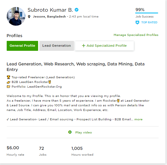 Subrotoshuvo199's tweet photo. 3 Years Doneπ€
1000 Hours Complete
#TopFreelancerBD
#TopRatedFreelancer #UpWork
#LeadGeneration #WebResearch #WebScraping #DataMining #DataEntry
Portfolio: https://t.co/jmCbzSADWD
Thanks, @Upwork β€ππ
Ping me: https://t.co/Cf4mylFvud
Email: subrotokumar199@gmail.com https://t.co/o7bNYfsbWA