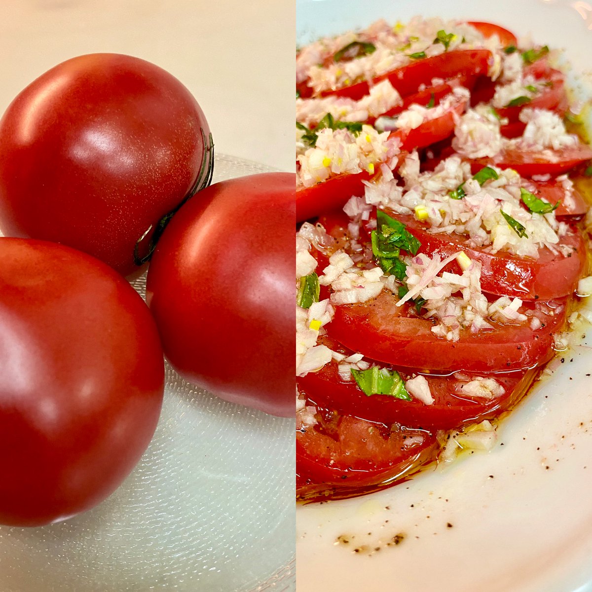 ふるた ゆかり 家庭菜園をしているご近所さんから 真っ赤なトマトのお裾分け スライスしてエシャロットとバジルでマリネして 晩ご飯まで冷蔵庫で シャキーンと冷やしトマト これ 一番好きな食べ方