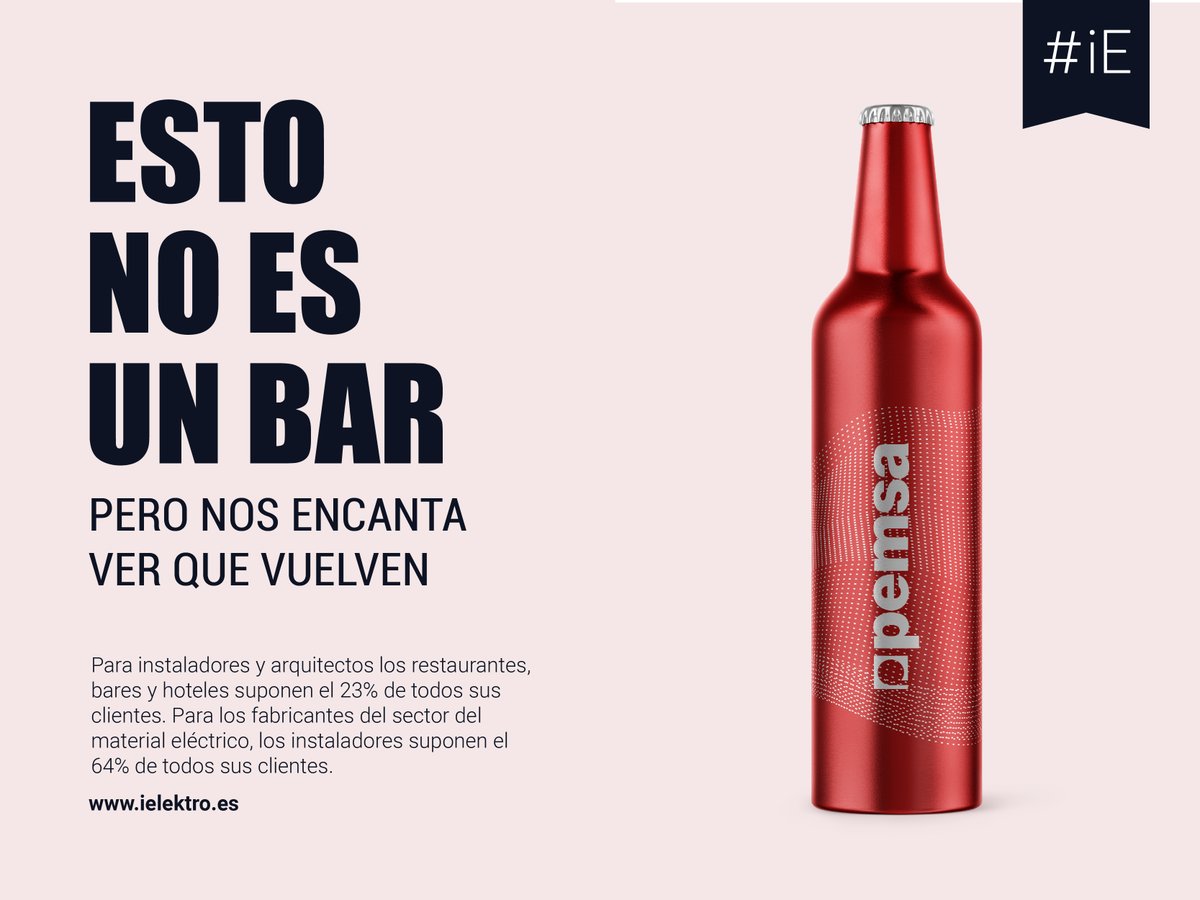 Compartimos la campaña desarrollada por @iElektro  #EstoNoEsUnBar: diferentes marcas del sector del material eléctrico convertidas en botellas para celebrar la vuelta de los locales de restauración, que suponen el 23% de los clientes para instaladores y arquitectos.