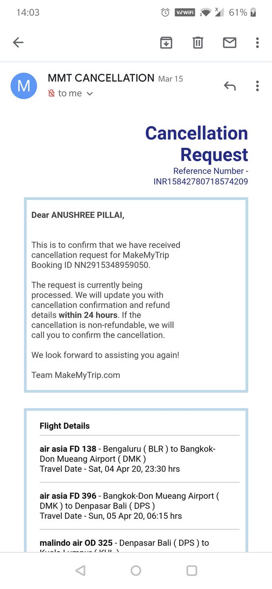Sarath0955's tweet photo. I am waiting to here about my refund status for over 50 days now. My international flight got cancelled which was on April 4th 2020. Below are the multiple occasions I have tried reaching MakeMyTrip and not got any update. To this is not acceptable @makemytrip  @makemytripcare https://t.co/AyMAfZSPfo
