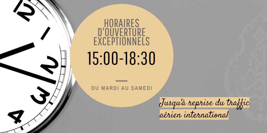 A cause de la crise sanitaire du Corona Virus, l'activité des agences de voyages est à l'arrêt total. Les frontières des pays sont fermées et les vols complètement arrêtés. 

Nos horaires exceptionnels pendant cette période de pandémie seront:

De 15:00 à 18:30
Du mardi au samedi