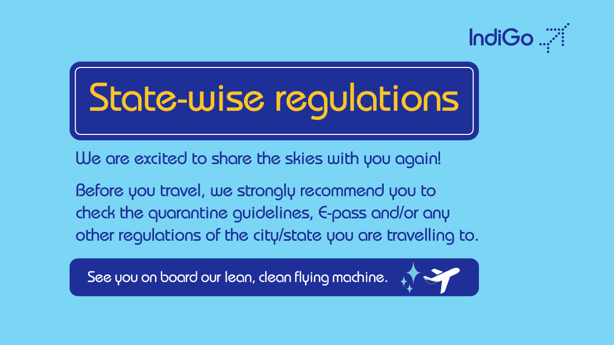 #6ETravelAdvisory: Know the state-wise regulations before travelling - bit.ly/2TAqlHD Any changes/cancellation made to your booking will be notified via email or SMS. #LetsIndiGo #Aviation