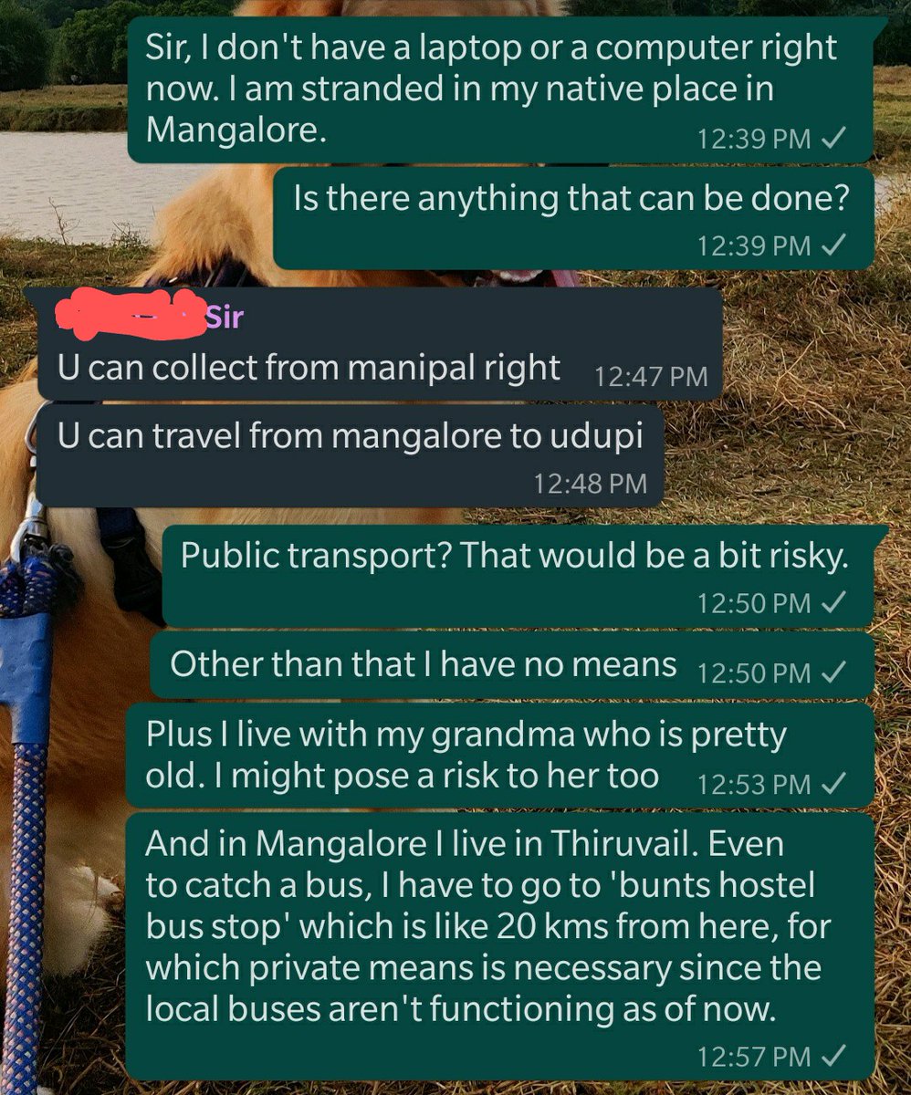 kafkaesque00's tweet photo. Travelling back to Udupi ( orange zone) back from Mangalore to get a laptop, so that the exams can be conducted amidst this pandemic is the epitome of insensitivity displayed by the Institute (MIT, manipal) @ManipalUni
@AICTE_INDIA @ugc_india @HRDMinistry PLEASE HELP. WE BEG. https://t.co/7QRYjAHS1Q