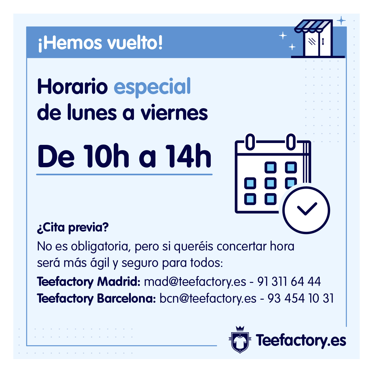 teefactoryes's tweet photo. Nuestras tiendas de Barcelona y Madrid os esperan con todas las medidas de seguridad necesarias. 💙👕💙
¡A estampar!
#Teefactory #YaEstamosAbiertos #RopaPersonalizada https://t.co/CBWNtIIV5j