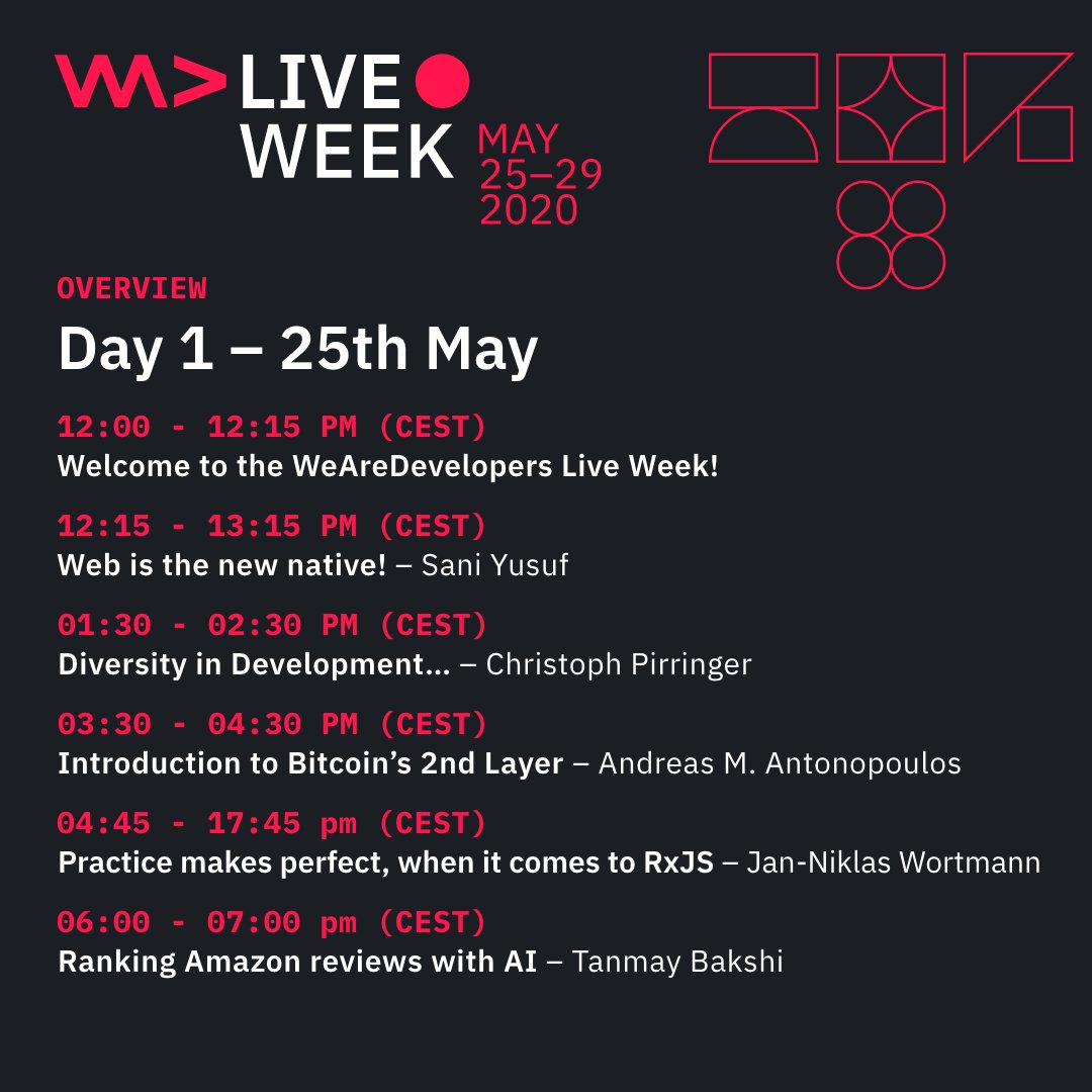 WeAreDevs's tweet image. Hello World! WeAreDevelopers Live Week starts in less than an hour 🎉🎉

Here&apos;s the agenda for today, so get cozy and ready to learn new things. See you soon 😎

hubs.ly/H0qN_Vz0

#WeAreDevsLiveWeek