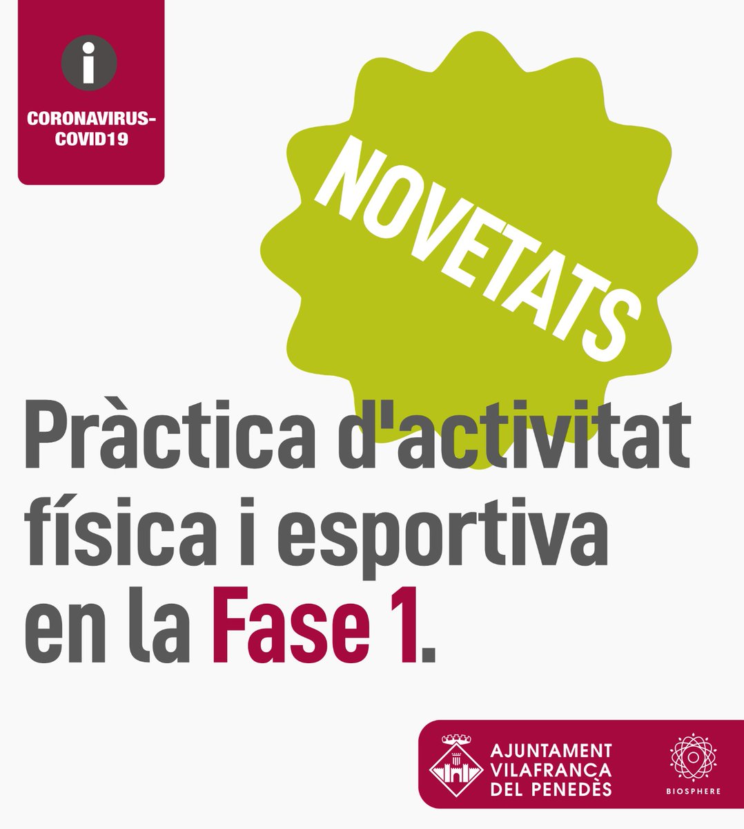 VilafrancaAj's tweet photo. ℹ NOVETATS: pràctica d'activitat física i esportiva en la fase 1 per a la ciutadania en general i per als esportistes federats/des

🚴‍♂️🚴‍♀️⛹️‍♂️⛹️‍♀️🤾‍♂️🤾‍♀️🏃‍♂️🏃‍♀️⚽️

⬇️⬇️⬇️ https://t.co/hYlrJm05KD