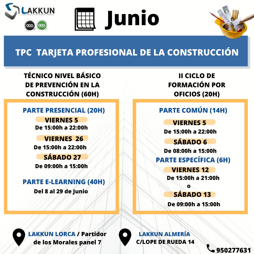 Buenas noticias ‼️ 
𝗧𝗘𝗡𝗘𝗠𝗢𝗦 𝗡𝗨𝗘𝗩𝗔𝗦 𝗙𝗘𝗖𝗛𝗔𝗦 𝗣𝗔𝗥𝗔 𝗟𝗔 𝗧𝗔𝗥𝗝𝗘𝗧𝗔 𝗣𝗥𝗢𝗙𝗘𝗦𝗜𝗢𝗡𝗔𝗟 𝗗𝗘 𝗟𝗔 𝗖𝗢𝗡𝗦𝗧𝗥𝗨𝗖𝗖𝗜𝗢𝗡 👏🏽
▪️ TPC 6️⃣ 0️⃣ h 👇
lakkun.es/curso-de-preve…
▪️ II Ciclo de formación por oficios 2️⃣0️⃣h 👇
lakkun.es/tpc-20h/