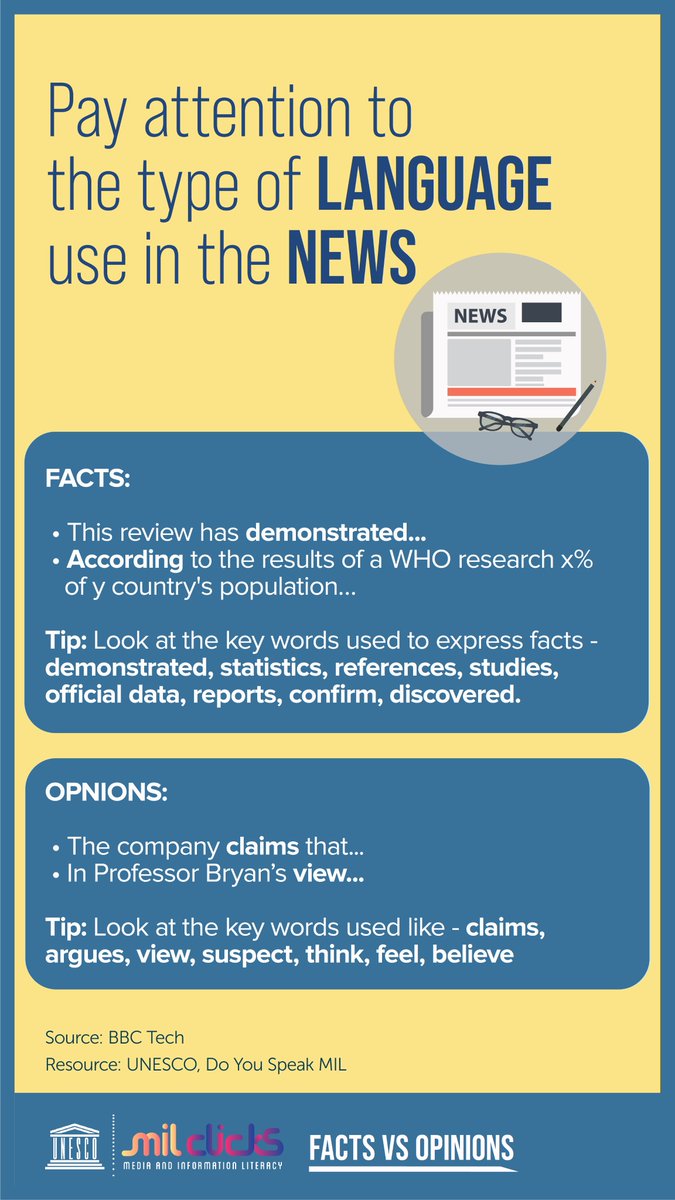 🗞️ News articles use different languages to describe facts or to express opinions.

This thread is part of <a href="/unescobangkok/">UNESCO Bangkok 🏛️ #Education #Sciences #Culture</a>’s campaign on disinformation, in collaboration with UNESCO Myanmar Office &amp; <a href="/UNinMyanmar/">United Nations in Myanmar</a>. 

Infographic by <a href="/MILCLICKS/">UNESCO Media & Information Literacy</a>

#ThinkBeforeSharing #DontGoViral