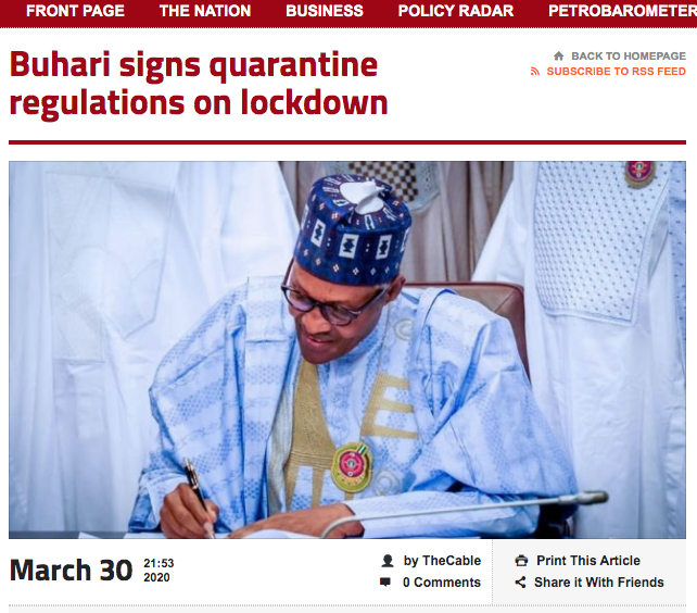 The quarantine act empowers the president to restrict movement when a “dangerous disease” breaks out in the country and on April 27, 2020, Buhari ordered a nationwide curfew from 8pm to 6am.  https://www.thecable.ng/undercover-investigation-for-n16500-security-agents-will-allow-you-travel-from-lagos-to-abuja-despite-interstate-ban  #COVID19  #NairaForAccess  #BreachOfTravelBan