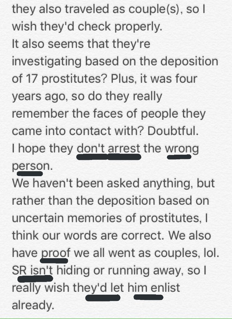 >> than the deposition based on uncertain memories of prostitutes, I think our words are correct. We also have proof we all went as a couples, lol. SEUNGRI ISN'T HIDING OR RUNNING AWAY, SO I REALLY WISH THEY'D LET HIM ENLIST ALREADY.-Aoyama and wife (seungri's friend)