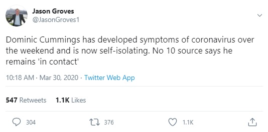 I think it's generally agreed that the drive took place on March 30. By which time, Cummings himself was already "self-isolating" after showing symptoms over the weekend. As  @JasonGroves1 tweeted that very morning(2/?)