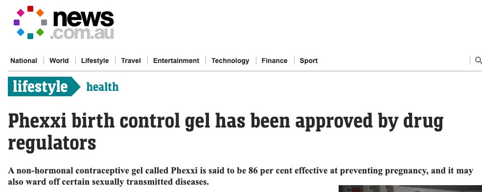 Look I'm all for non-hormonal contraceptives, but Phexxi "birth control gel" is just hyped up spermicide. Here are 4 reasons why the product as a contraceptive and the news articles are terrible: (1/8)  https://www.news.com.au/lifestyle/health/phexxi-has-been-approved-by-drug-regulators/news-story/ed336c2a3f566d38a2f8aaa0e72f5cc4