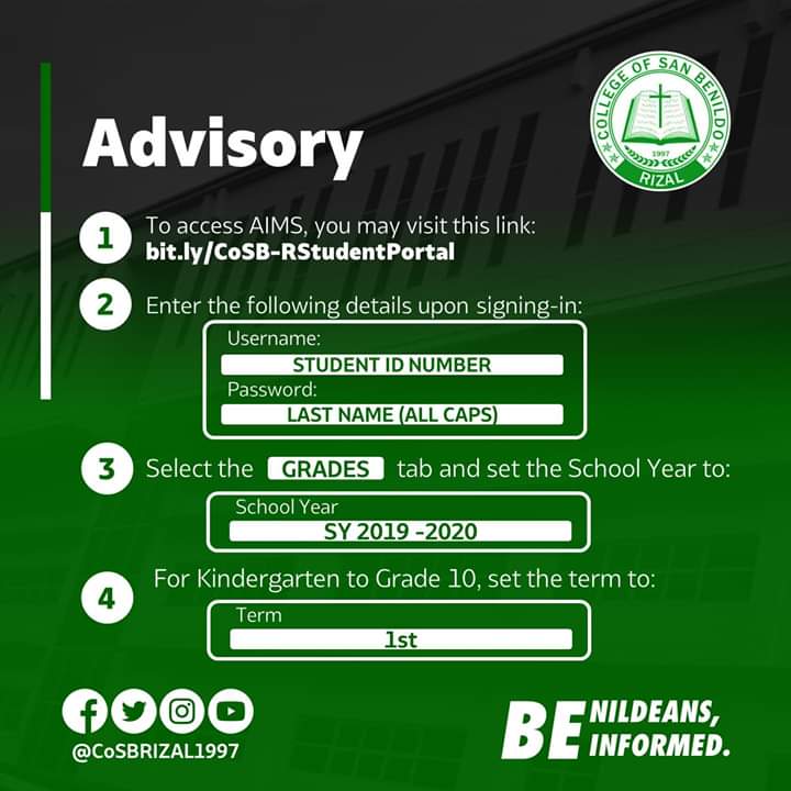 SanBenildo1997's tweet photo. “BASIC EDUCATION ONLINE VIEWING OF GRADES"

#CoSBRizal #BenildeansBeInformed #CoSBRizalAdvisory #OnlineViewing #OnlineGrades #BlazeWithUs #BeABenildeanNow #BenildoAdmissions #BenildoEnrolment #BenildeanPride #BlazingWolves #BlazeLikeAWolf #AnimoBenildo #WeAreBenildo https://t.co/lP1sQmzUkh