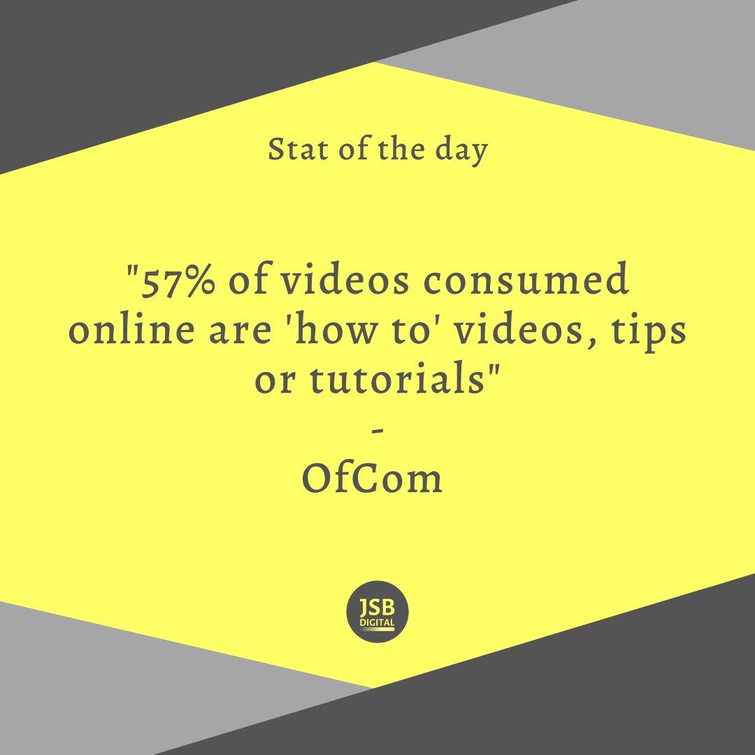 jsbdigitalads's tweet photo. 57% of videos consumed online in the UK are 'How to" videos, tips or tutorials (OfCom) #socialmediamarketing #digitalmarketing #socialmedia https://t.co/VjAcEAUA9F