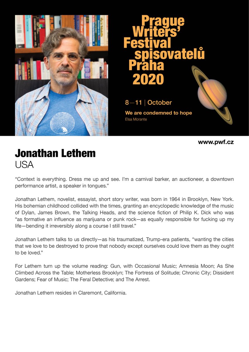 Festivalspisova's tweet photo. Dalším autorem, se kterým se setkáme, je Jonathan Lethem. Mezi jeho díla patří Sirotci z Brooklynu a Pouštní dívka, reflektující „trumpovskou“ éru.
•
Writer Jonathan Lethem will speak about NY during the wild 60s, reliving his encounters with famous musicians at the PWF. https://t.co/ER2D6JLw9D