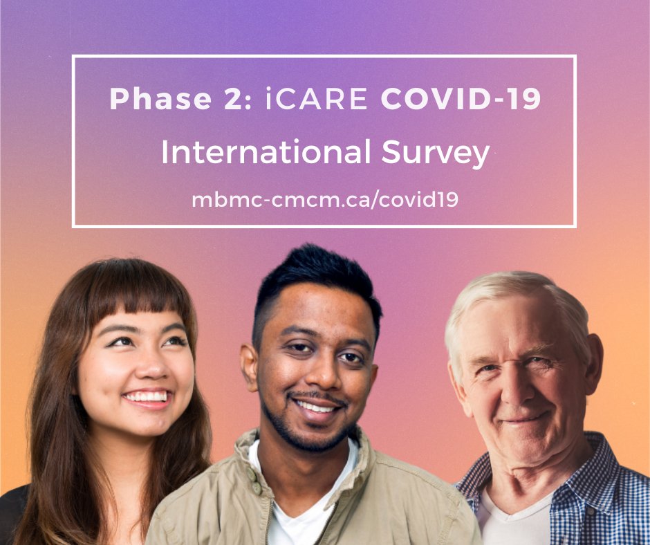 We are working with 150 #researchers in 40 countries to understand #COVID19 impact and experiences of public health guidelines e.g. #socialdistancing 

Please complete and share #survey 2 of the #iCARECOVID #international study mbmc-cmcm.ca/covid19