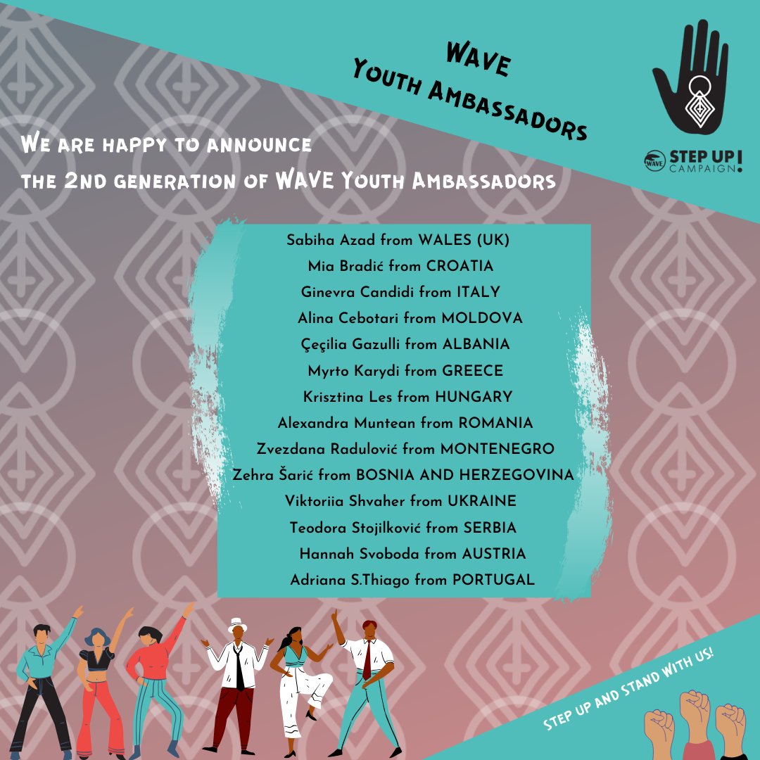 WAVE_europe's tweet photo. The 2nd generation of WAVE Youth Ambassadors is announced. WAVE and the Step Up! Campaign thank everyone who participated and congratulate the WAVE Youth Ambassadors! #StepUpForEverybody
#endGBV #endVAWG #SayNoStopVAW #StepUpWAVE https://t.co/pLB6h4VHvI
