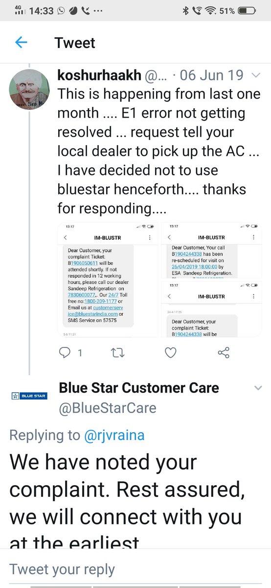  @Cool_My_World  @bluestarindia1  @BlueStarCare please listen to my cry if you have one ounce of consideration for your customer... I purchased 1.5 Ton AC in July 18. At the onset only.. It used to give E1 error and the customer care resolved it by instructing to clean the filter ..