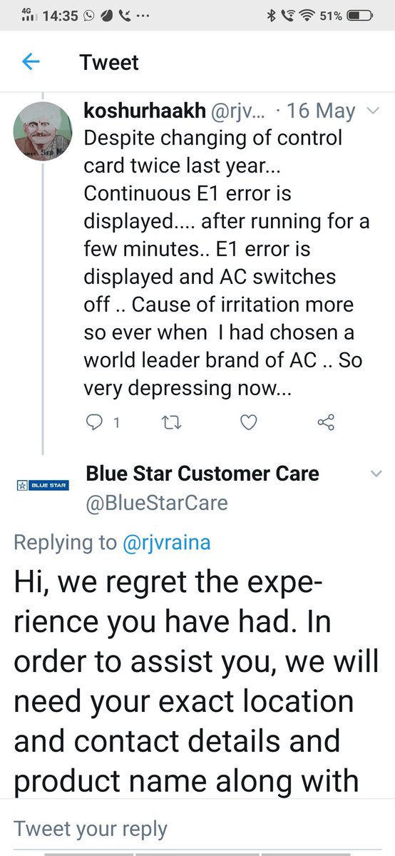  @Cool_My_World  @bluestarindia1  @BlueStarCare please listen to my cry if you have one ounce of consideration for your customer... I purchased 1.5 Ton AC in July 18. At the onset only.. It used to give E1 error and the customer care resolved it by instructing to clean the filter ..