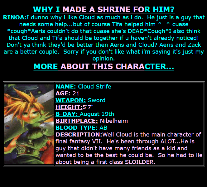 Retro Final Fantasy VII fansite thread. All of these are from authentic character shrines that are on the internet right now