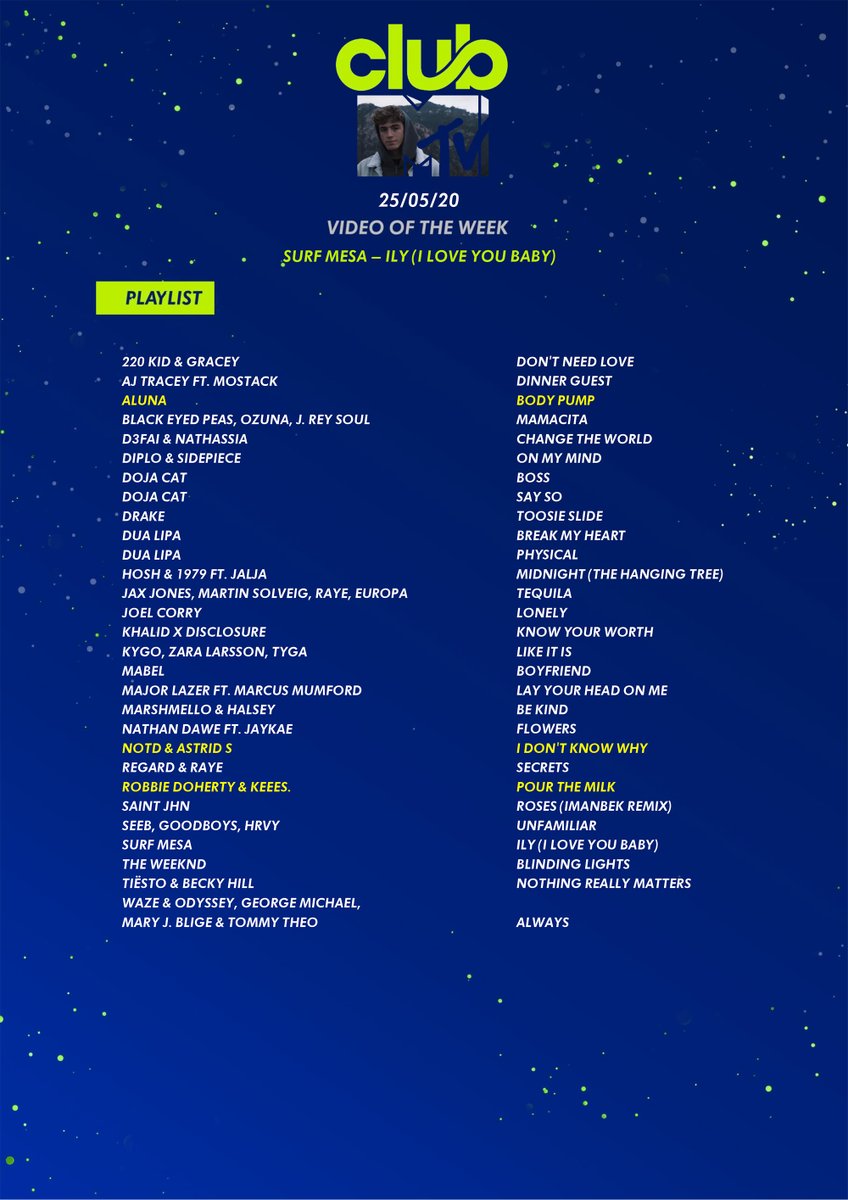 Make way for this week's <a href="/ClubMTV/">Club MTV</a> playlist ft tunes on rotation from....
<a href="/surfmesa/">Surf Mesa</a> 
<a href="/alunaaa/">Aluna</a> 
<a href="/DUALIPA/">DUA LIPA</a> 
<a href="/JaxJones/">Jax Jones</a> 
<a href="/martinsolveig/">Martin Solveig</a> 
<a href="/raye/">RAYE</a> 
<a href="/marshmellomusic/">marshmellomusic</a> 
<a href="/halsey/">halsey 🌸</a> 
<a href="/NOTD/">NOTD</a> 
<a href="/astridsofficial/">ASTRID S</a> 
<a href="/keeesmusic/">Keees.</a> 
Full playlist >>> fal.cn/38gBZ ⭐
