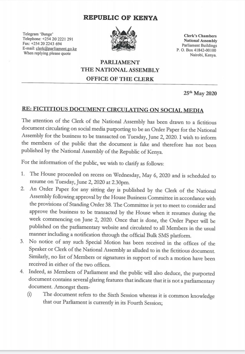 NAssemblyKE's tweet photo. A statement by the Clerk of the National Assembly with regard to a fictitious Order Paper circulating on social media. https://t.co/IVUPyA99SZ