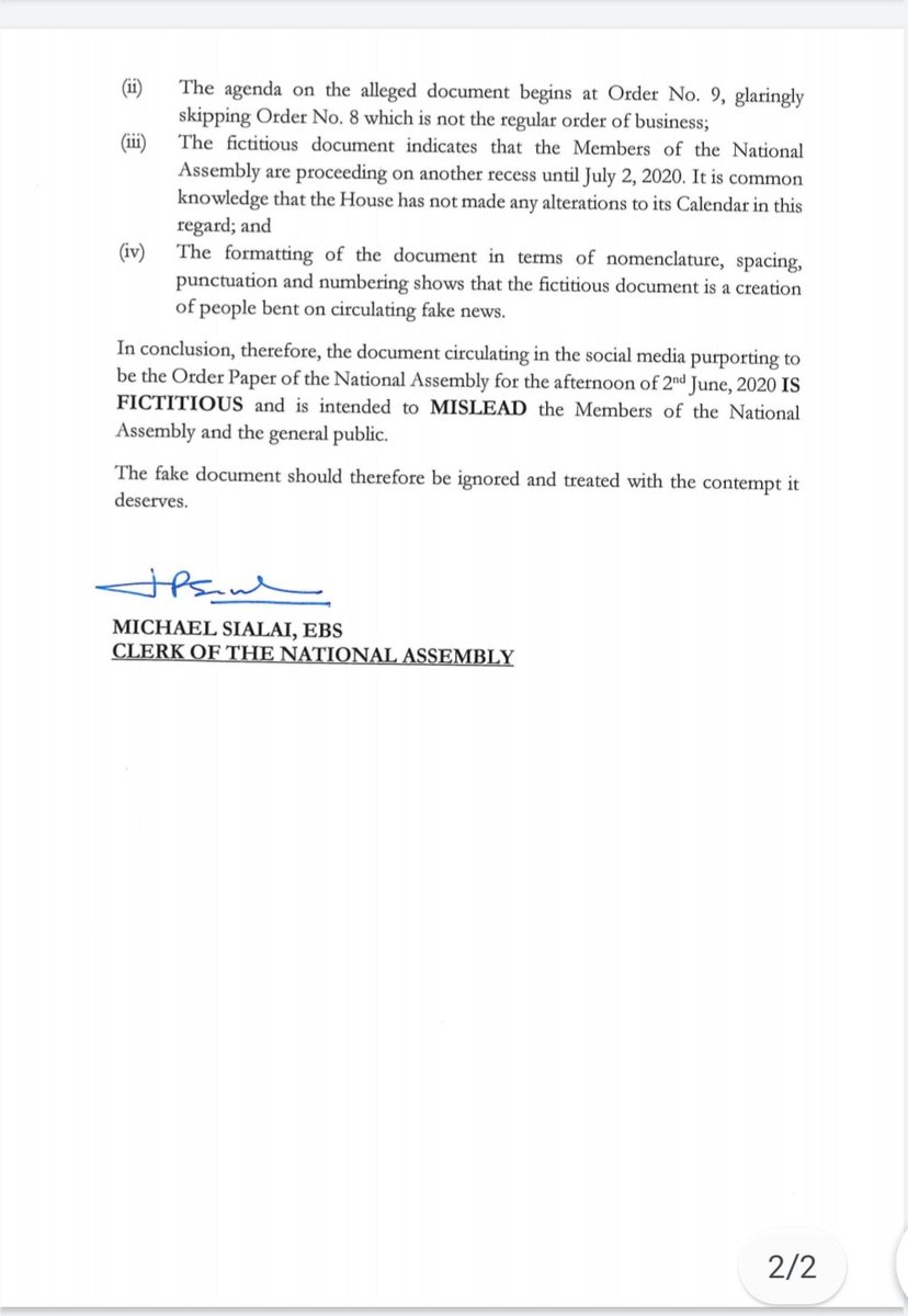 A statement by the Clerk of the National Assembly with regard to a fictitious Order Paper circulating on social media.