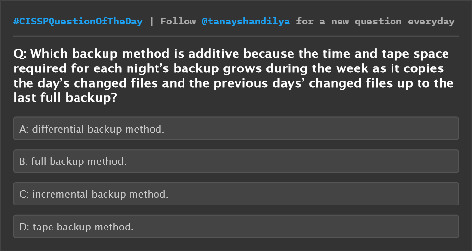 tanayshandilya's tweet photo. CISSP Question of the day
#CISSPQuestionOfTheDay #cissp #cisspprep #cisspexam #cisspcertification #cybersecurity #informationsecurity #security #comptia #isaca #cryptography #encryption #enigma https://t.co/MMyc6wOkdT