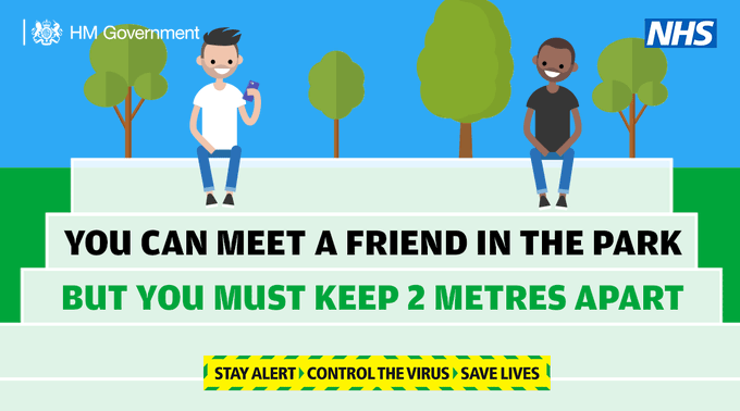 No irony intended... are you thinking of meeting up with a friend or family member? You can, but please make sure you stick to a few simple rules:
1️. Stay 2 metres apart;
2️. Meet outside and enjoy the sunshine;
3️. Only meet with one person at a time.