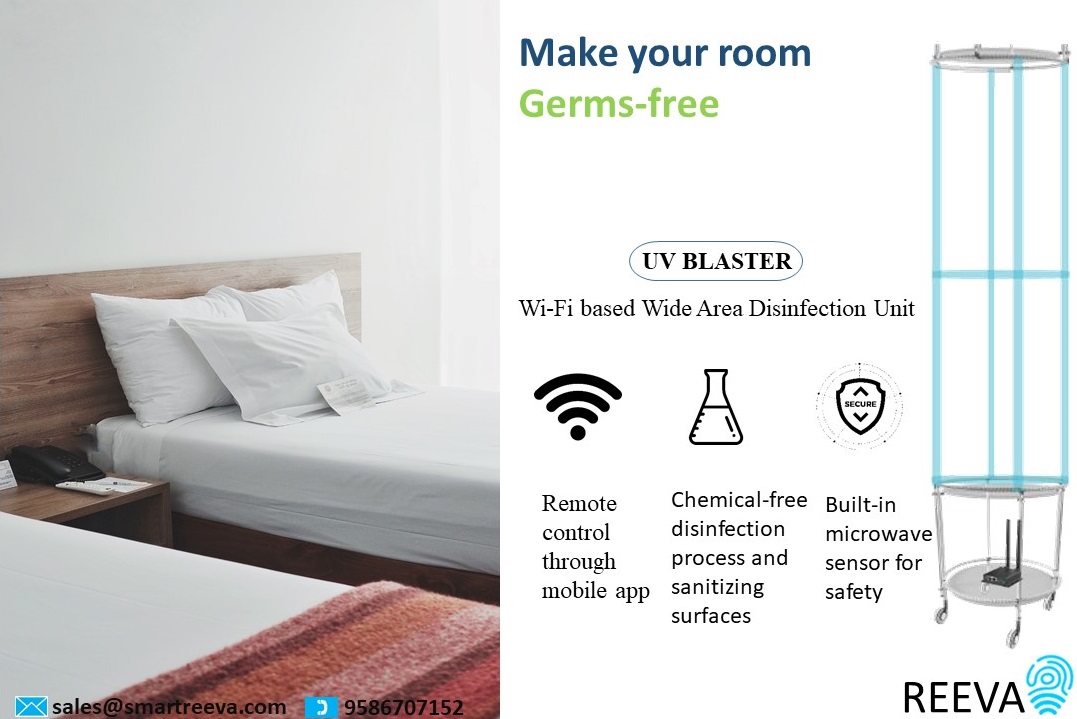 ReevaSmart's tweet photo. "Make your room germs free with Reeva UV blaster."
Contact us at sales@smartreeva.com for more detail.
 
#Reeva #covid1948 #Covid_19india  #covid19solution #corona #uvdisinfection #drdo #uvlight #StaySafeStayHome #hotels #hotelautomation #rooms #uvprotection https://t.co/9S6C9UB7Vy