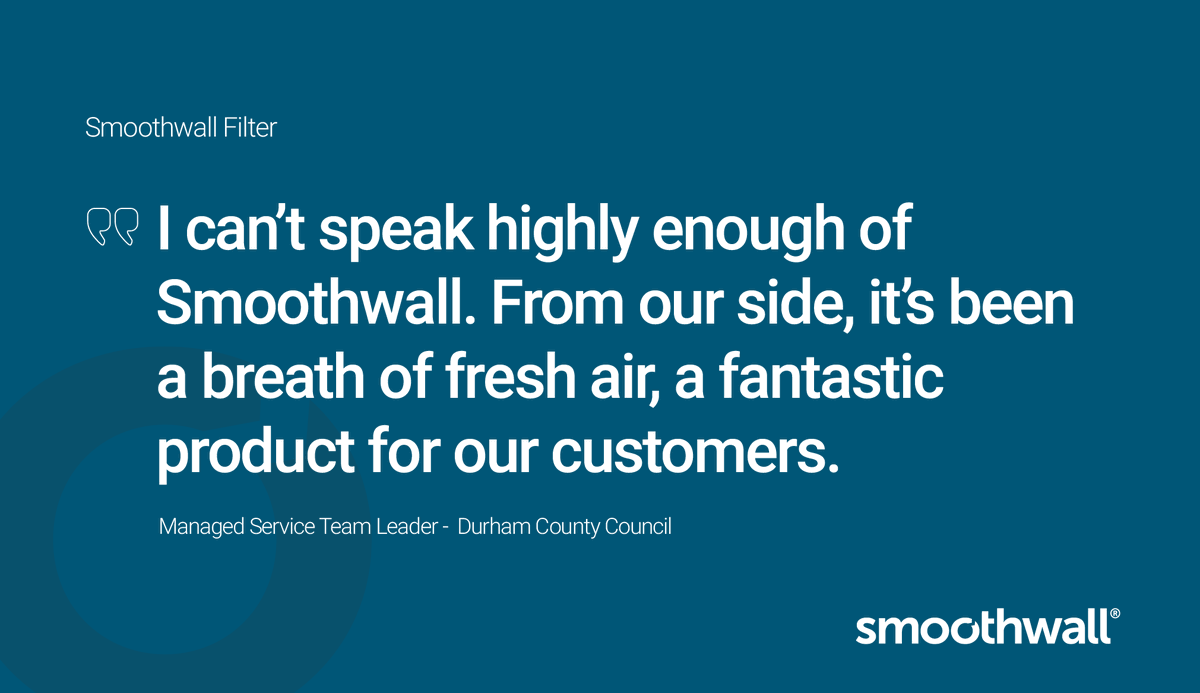 Smoothwall's tweet photo. Durham County Council is delighting its schools with Smoothwall Filter after a radical overhaul of their #filtering provision. Discover the impact it could have on your school. Book a walk-through today > https://t.co/L1khWdnFP7 #onlinesafety #edutwitter #webfiltering https://t.co/34UuoI8gM4