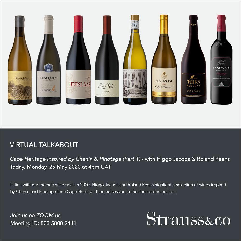 Virtual Talkbout ! Cape Heritage inspired by Chenin Blanc &amp; Pinotage (Part 1) with Roland Peens &amp; Higgo Jacobs, today Monday 25 May at 4pm. 
Join the Zoom Talkabout Daily HERE 
us02web.zoom.us/j/83358002411?…