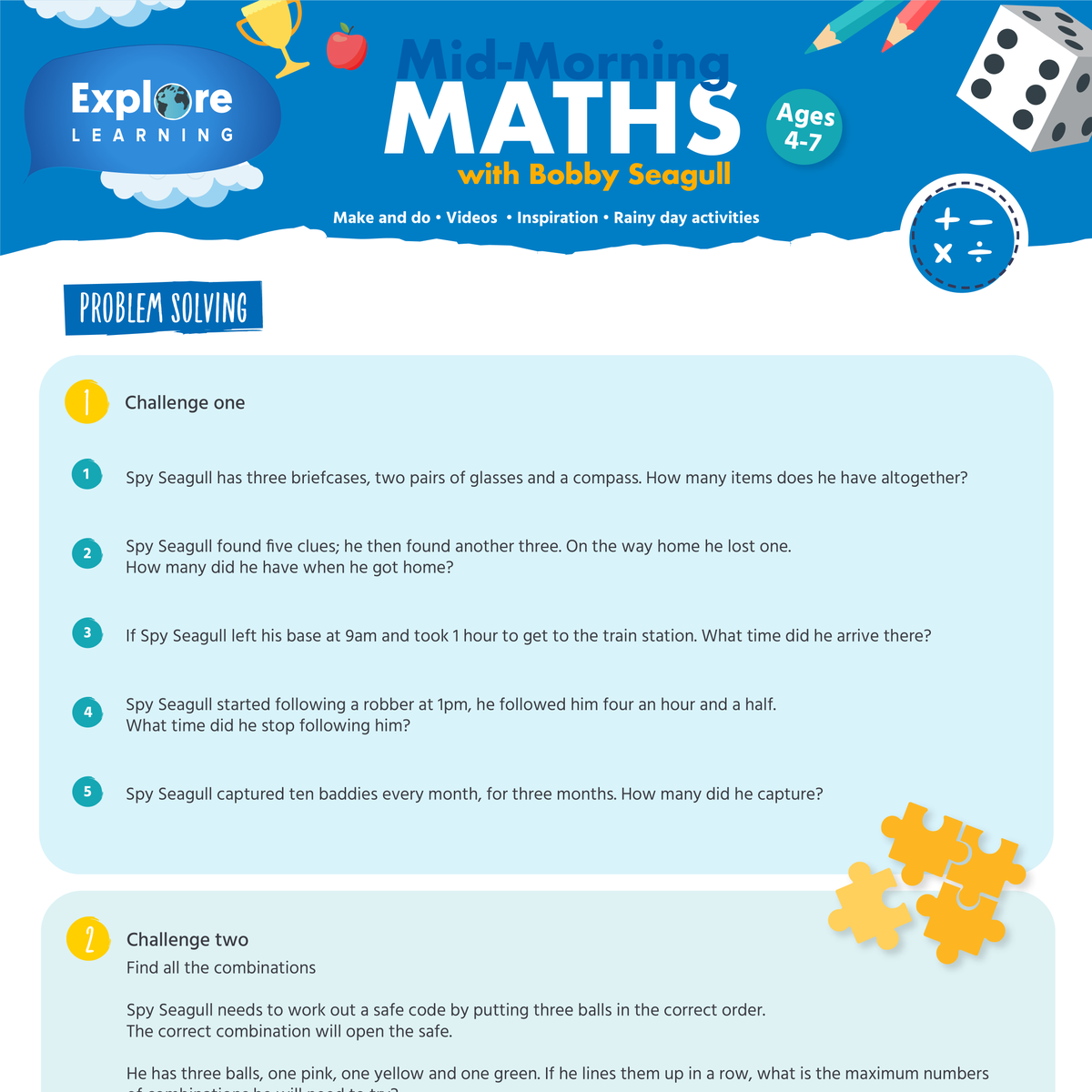 exploretutors's tweet photo. #KeepEducationGoing with today's #MidMorningMaths activity sheet, up on our website now. @bobby_seagull will be back on Wednesday 27th at 10am with his last lesson for ages 7-11. #MathsWithBobby #HomeSchooling https://t.co/hxkG4iKLU2 https://t.co/kOfI6JiSQ0