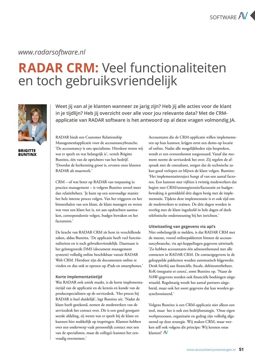 radarsoftware's tweet image. Het eerste #ICT &amp;amp;Kantoortijdschrift van @accvanmorgen is uit. Een tijdschrift speciaal gemaakt voor de #accountant, waarin praktische ICT-vraagstukken worden besproken. Lees hoe je na een korte implementatietijd eenvoudig over- en inzicht krijgt met de RADAR #CRM-applicatie.
