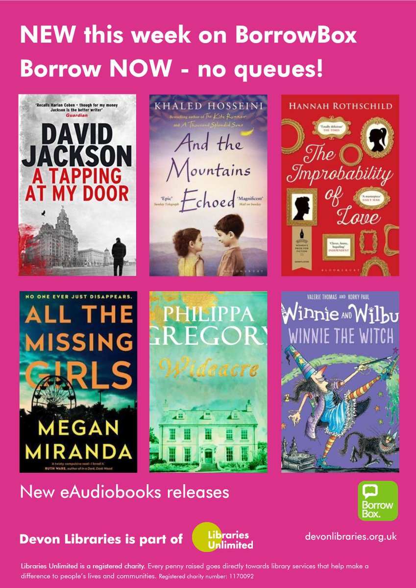 DevonLibraries's tweet photo. From this week, these unlimited titles are available on #BorrowBox. 
Borrow NOW - no queues! https://t.co/K4gDUnoYTn 

@BorrowBox 
#LoveLibraries 
#247Library https://t.co/7ogeBtlq2o