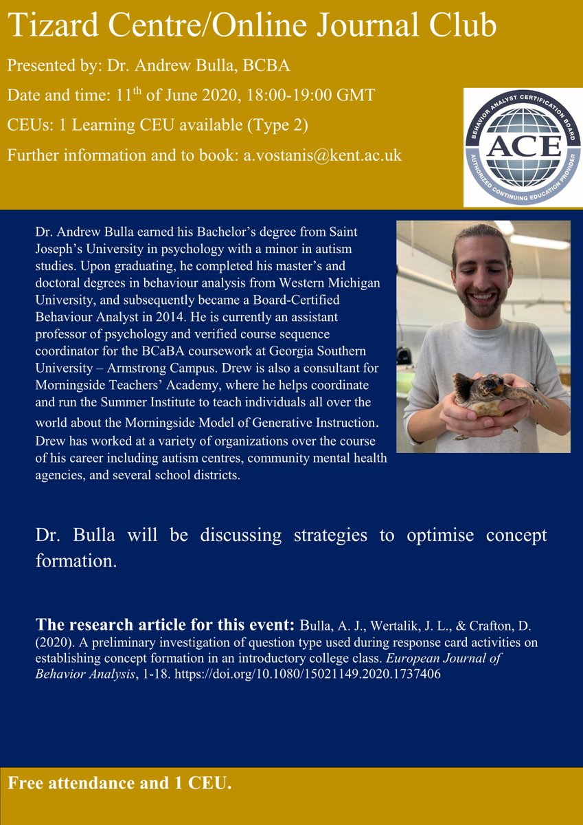 Dr Thanos Vostanis (@thanosgr) on Twitter photo Our next journal club on the 11th of June 18:00-19:00 GMT, with Dr. Bulla discussing concept formation and instructional design! To book a place, email me at a.vostanis@kent.ac.uk. Free attendance and 1 CEU. #teachers #BCBA #ABA #CPD #CEUs #concepts #edutwitter Our next journal club on the 11th of June 18:00-19:00 GMT, with Dr. Bulla discussing concept formation and instructional design! To book a place, email me at a.vostanis@kent.ac.uk. Free attendance and 1 CEU. #teachers #BCBA #ABA #CPD #CEUs #concepts #edutwitter